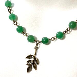 Natural Green Chalcedony Necklace, Cute Bronze Leaf Branch + Genuine Gemstone